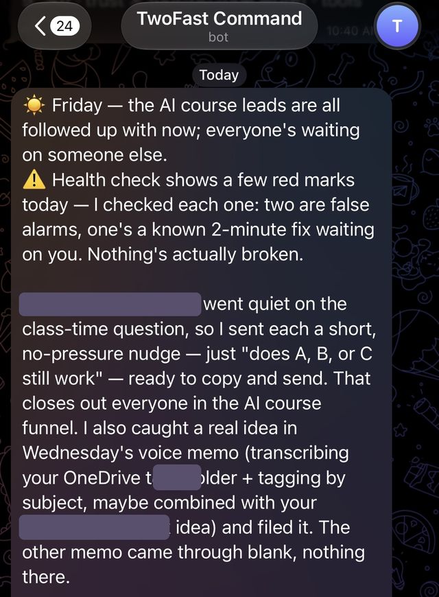 A real morning brief on my phone. It reports that the leads are followed up, explains the health check, and lists the drafts it wrote. Names are hidden.
