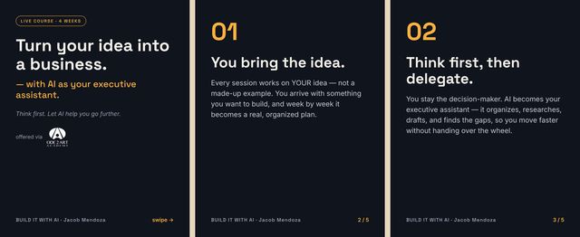 Three real posts from the course's launch: turn your idea into a business, you bring the idea, think first then delegate.